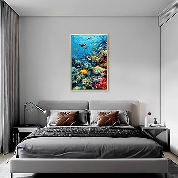魚とサンゴの油彩画.個展購入 魚の絵サンゴオリジナルアート水中ウォールアートシーライフ油絵
